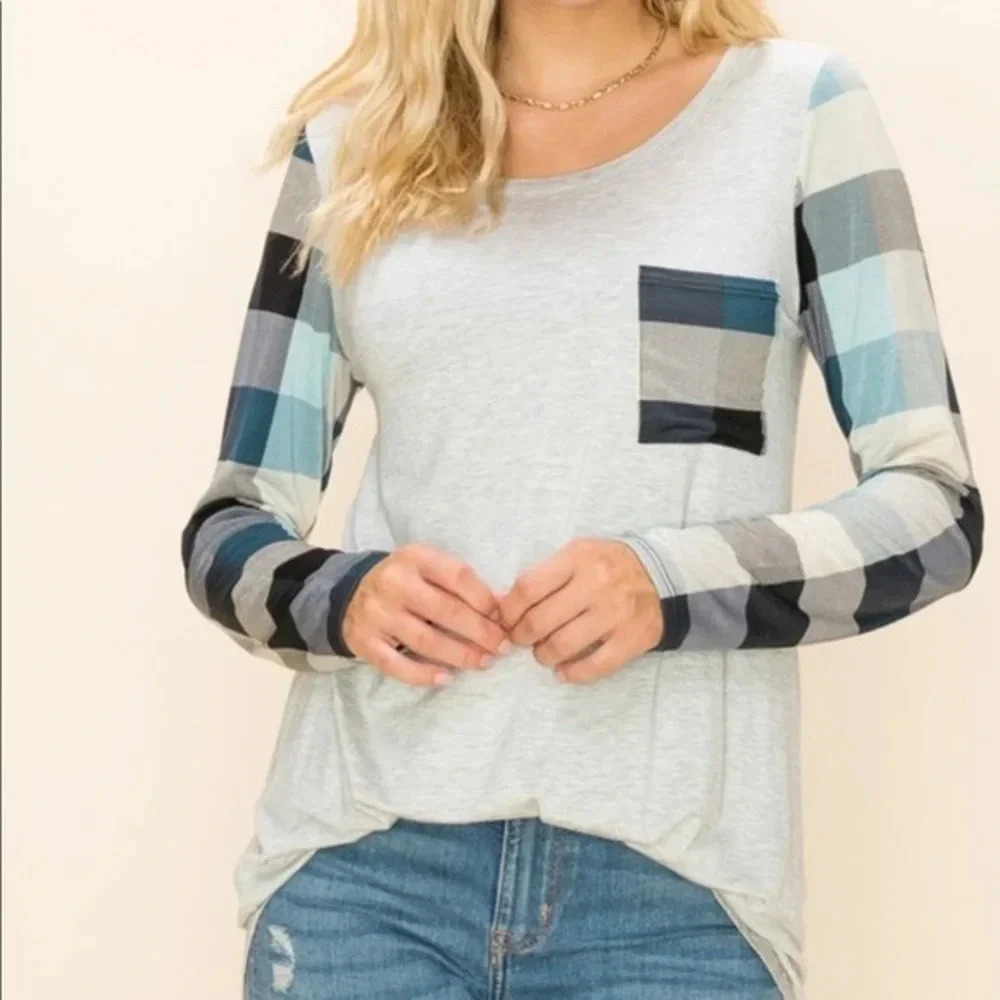NWT boutique unbranded Teal plaid contrast knit long sleeve top womens tee tunic